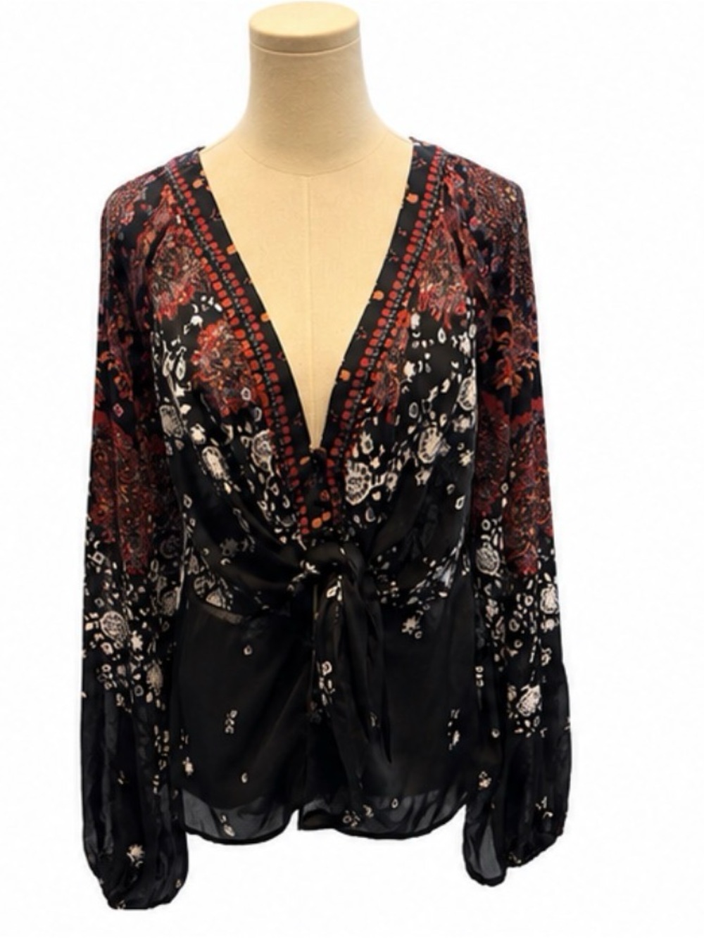 Free People Black Floral Tie-Front Satin Blouse Size Medium